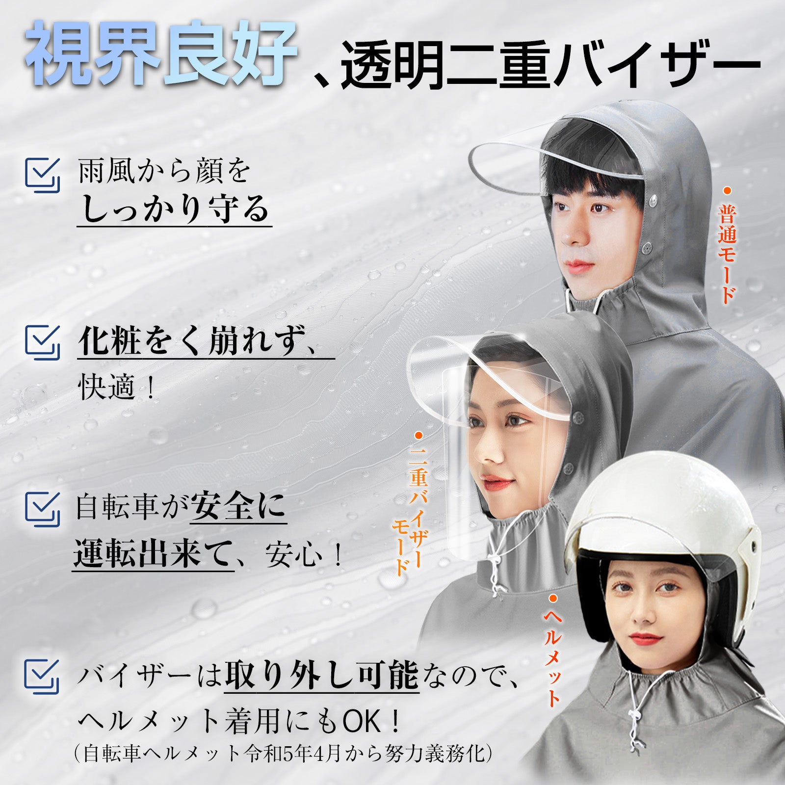 レインポンチョ 自転車 レインコート 雨具 ポンチョ カッパ レディース メンズ ヘルメット対応 リュック対応 透明バイザー 通学 通勤 バイク 男女兼用 シンプル おしゃれ 防水 ワンサイズ150~180CM