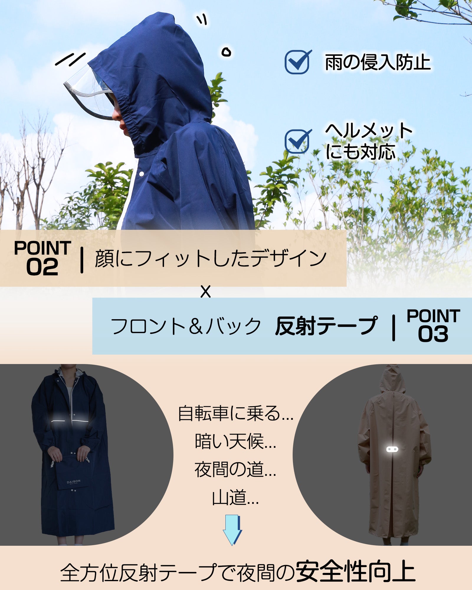 レインコート レディース リュック対応 【軽量380g 耐水圧10000】 レインポンチョ 袖あり 自転車 レインウェア rain coat 雨合羽 収納袋つき